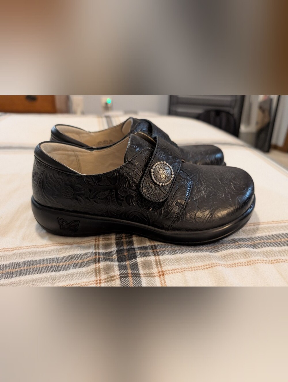 Alegria Black Embossed Leather Clog with Decorative Concho